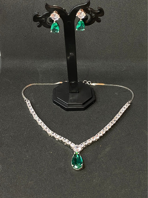 Party Wear AD Necklace Set with Emerald Green Drop