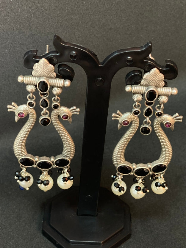 Trendy Oxidised Silver Peacock-Design Earrings with Black Stones & Pearl Beads