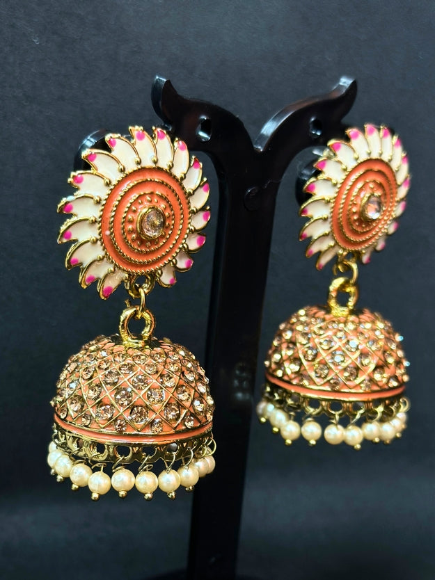 Orange & White Meenakari Jhumka Earrings with Pearl Drops