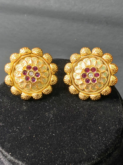 Traditional Gold Plated Flower Stud Earrings with Kemp Stones - Temple Jewelry Style Earrings for Women