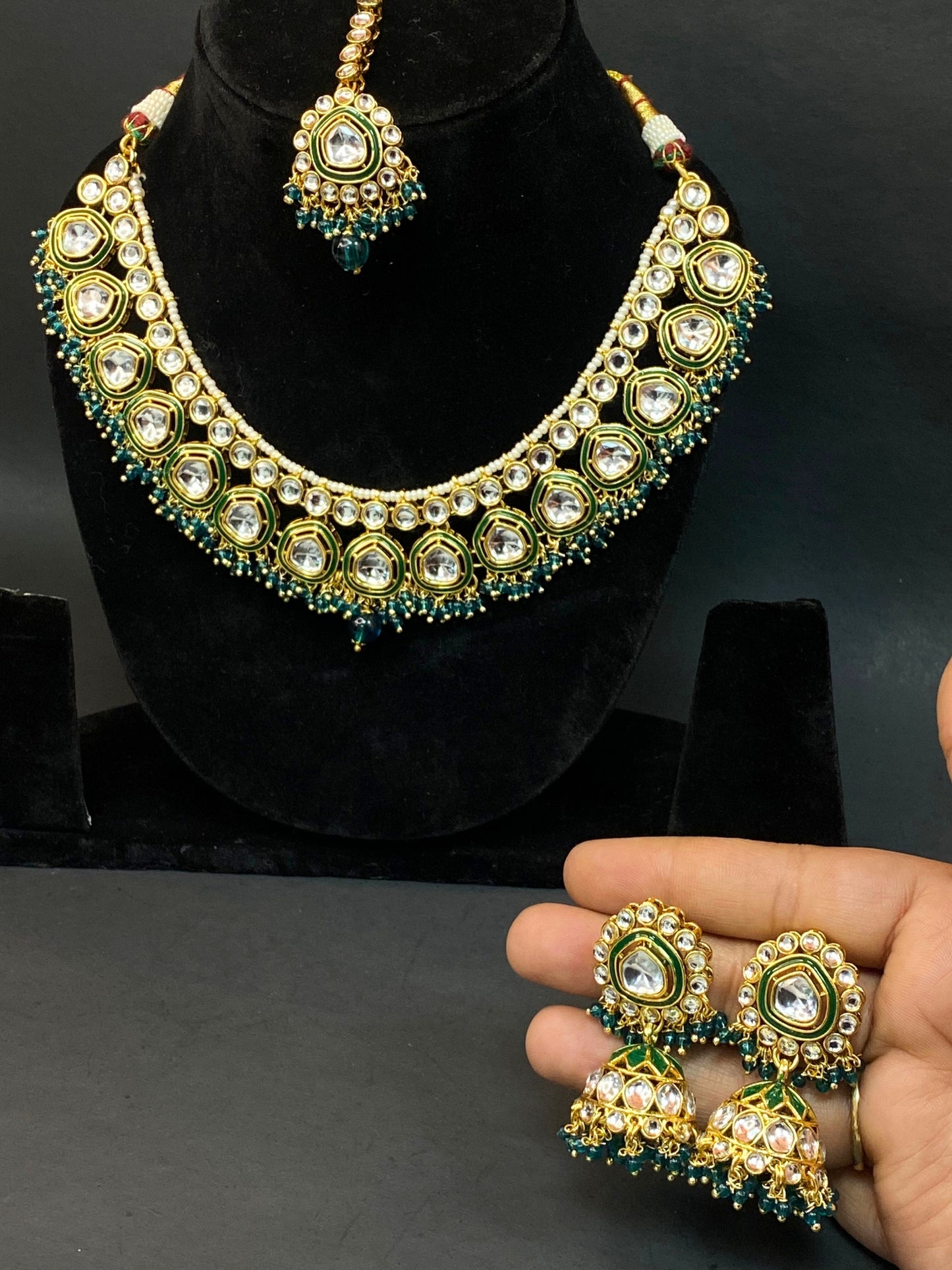 Designer Kundan Necklace Set with Green Beads & Maang Tikka
