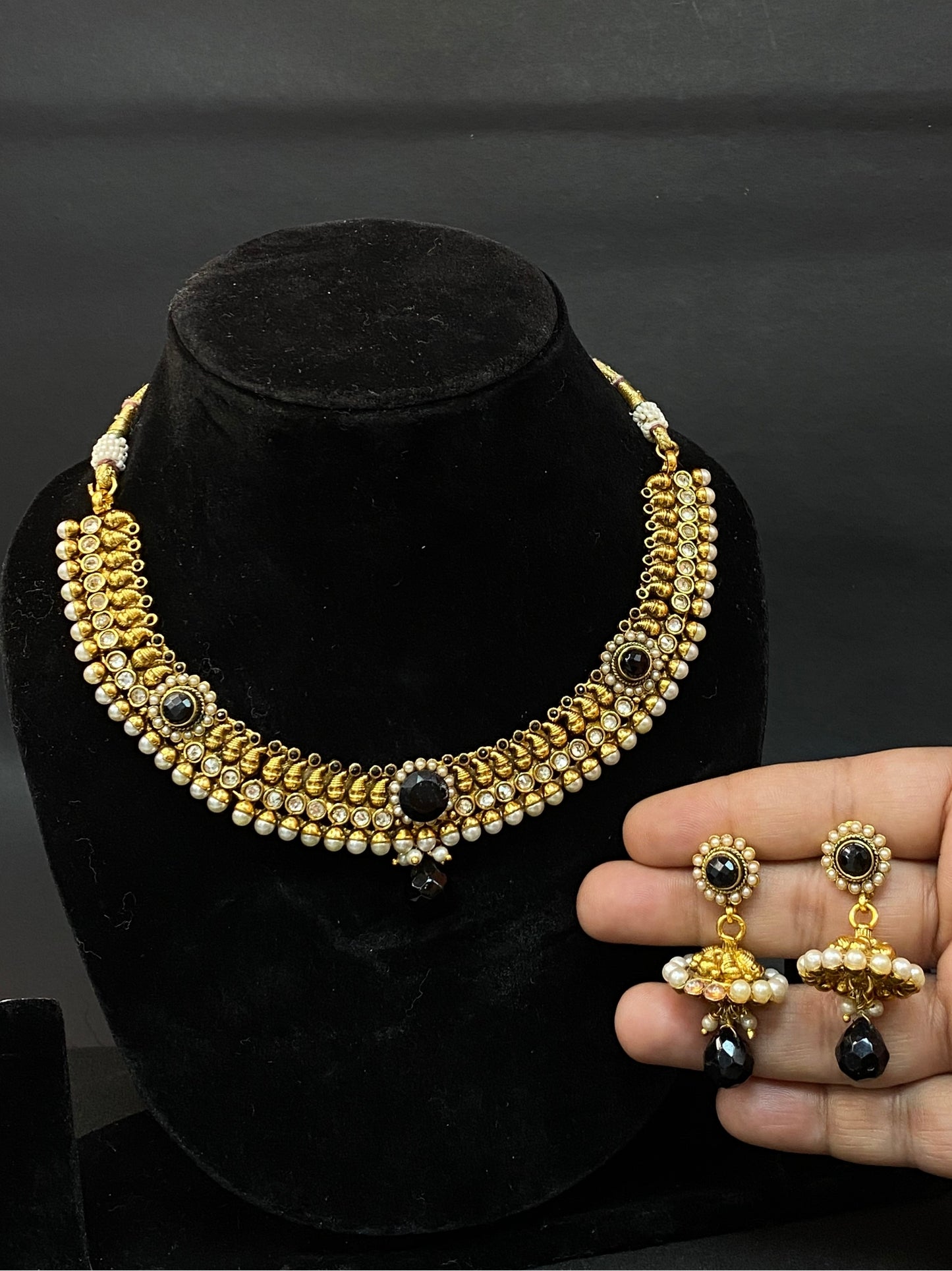 Traditional Party Wear Kundan & Pearl Necklace Set with Gold, Black & White Beads