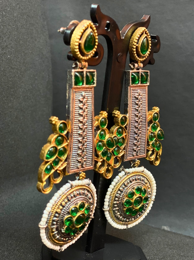Oxidized Dual Tone Jhoomar Earrings with Green Kundan Stones