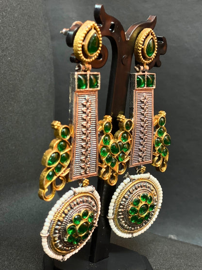 Oxidized Dual Tone Jhoomar Earrings with Green Kundan Stones