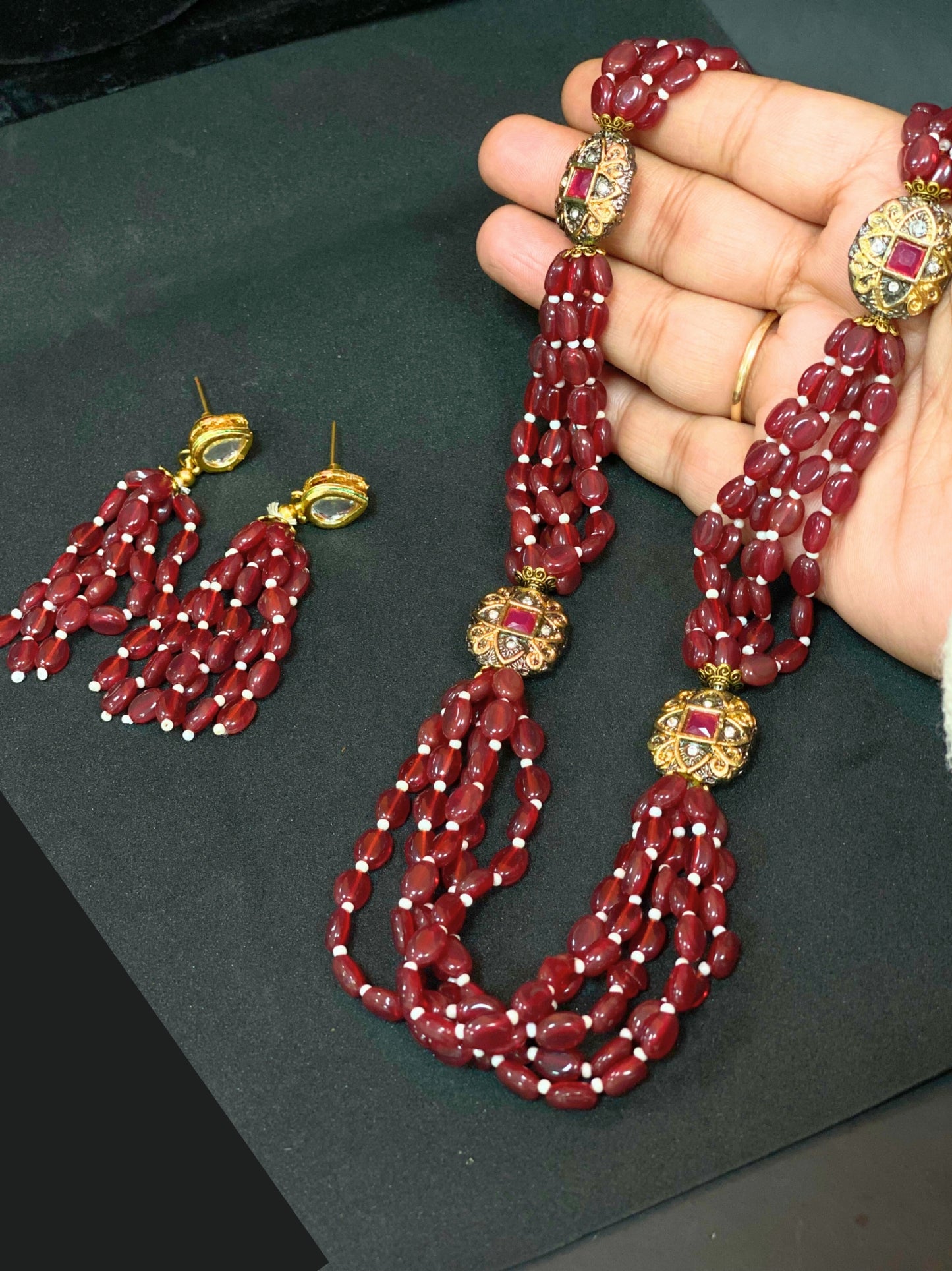 Maroon Beaded Multi Strand Long Necklace Set with Kundan Work & Matching Earrings