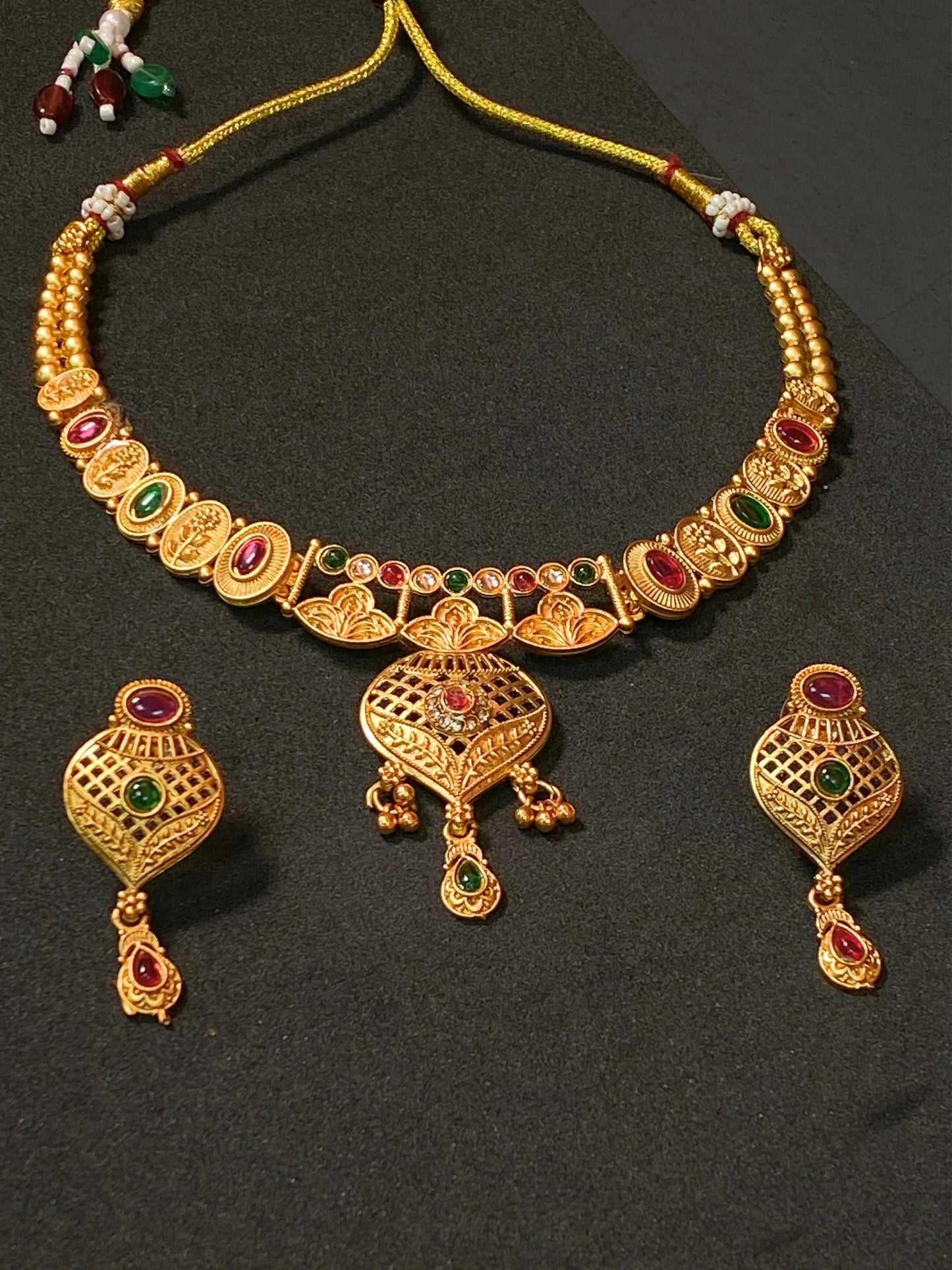 Traditional Necklace Set with Green & Red Stone Pendant and Matching Earrings