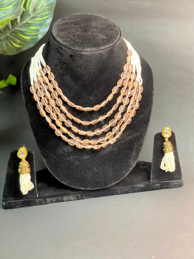 Multi-Layer Beaded Necklace with Pearl Tassel Earrings