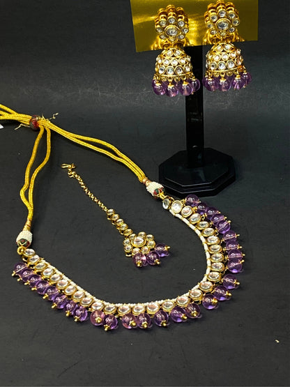 Traditional Kundan Jewellery Set with Jhumka & Purple Beads