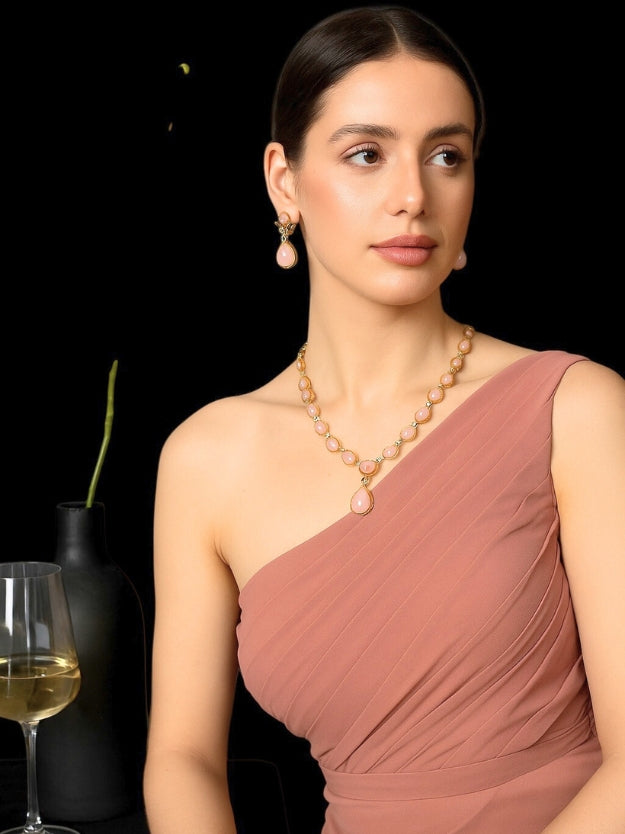 Elegant Pink Stone Gold-Plated Necklace, Earrings & Maang Tikka Jewellery Set