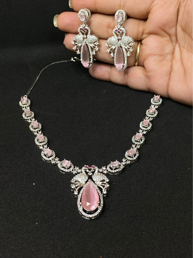 Premium Party Wear AD Necklace Set with Pink Drop Pendant