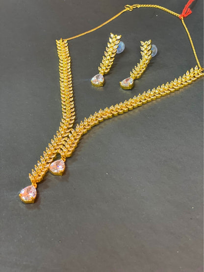 Contemporary Dainty V-Shape Necklace with Crystal Drop Earrings
