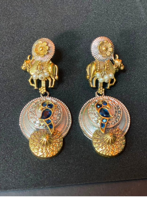 Traditional Oxidised Peacock & Cow Design Dangler Earrings with Pearl Detailing – Antique Gold & Silver Finish