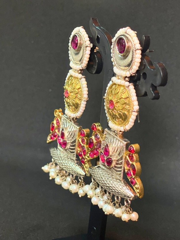 Traditional Oxidised & Gold-Plated Temple Earrings with Ruby Stones & Pearl Drops