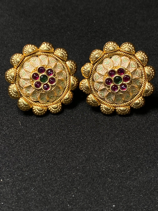 Traditional Gold Plated Flower Stud Earrings with Kemp Stones - Temple Jewelry Style Earrings for Women