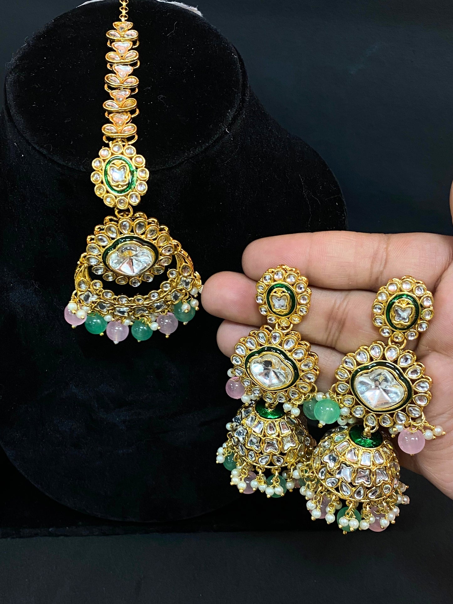 Kundan Maang Tikka & Jhumka Earrings Set with Green Pink Beads