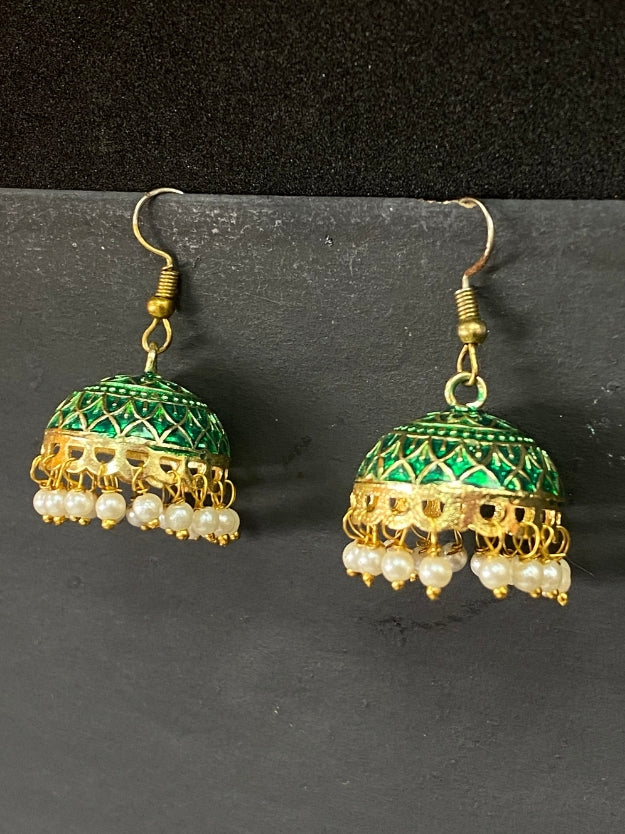 Meenakari Jhumka Earrings with Pearl Drops - Traditional Indian Ethnic Jewelry