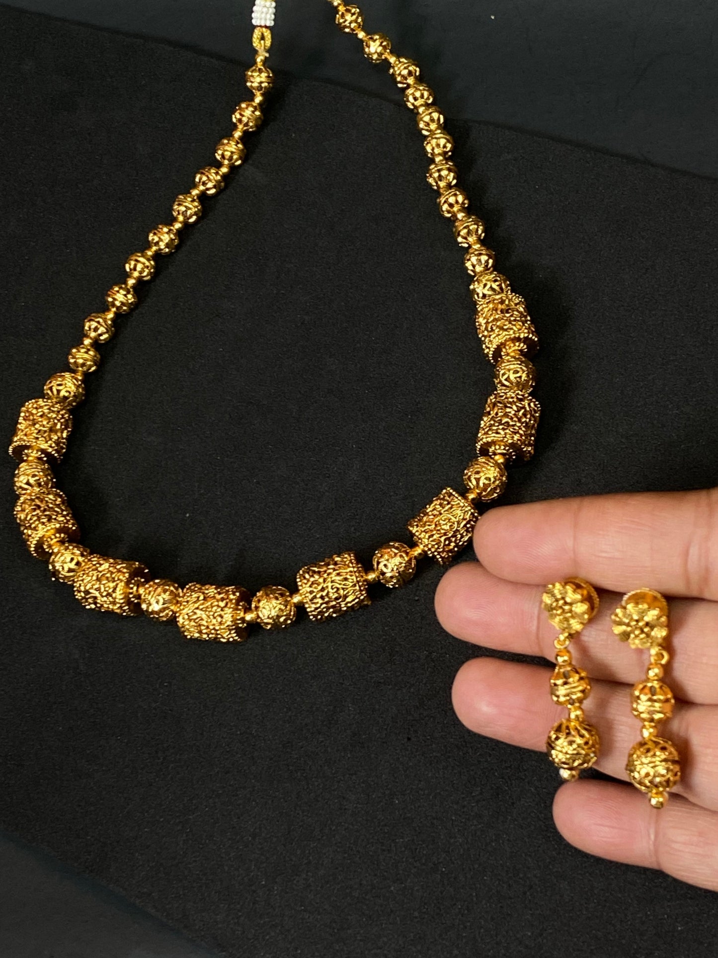 Golden Traditional Beaded Necklace Set with Matching Earrings