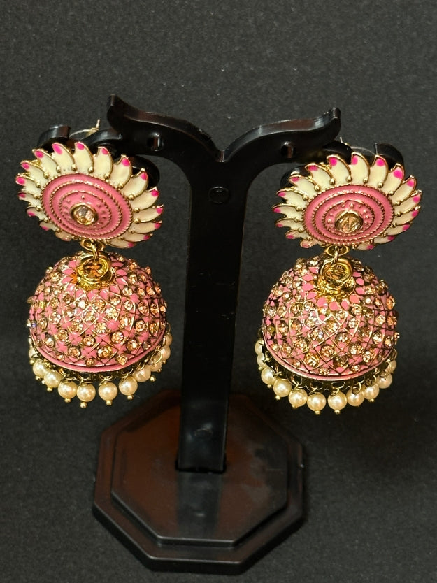 Designer Pink & White Meenakari Jhumka Earrings with Pearl Drops