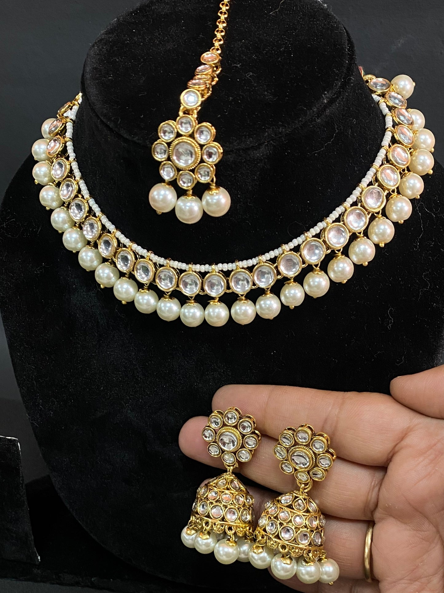 Gold Plated Kundan Pearl Choker Necklace Set with Maang Tikka & Jhumka Earrings