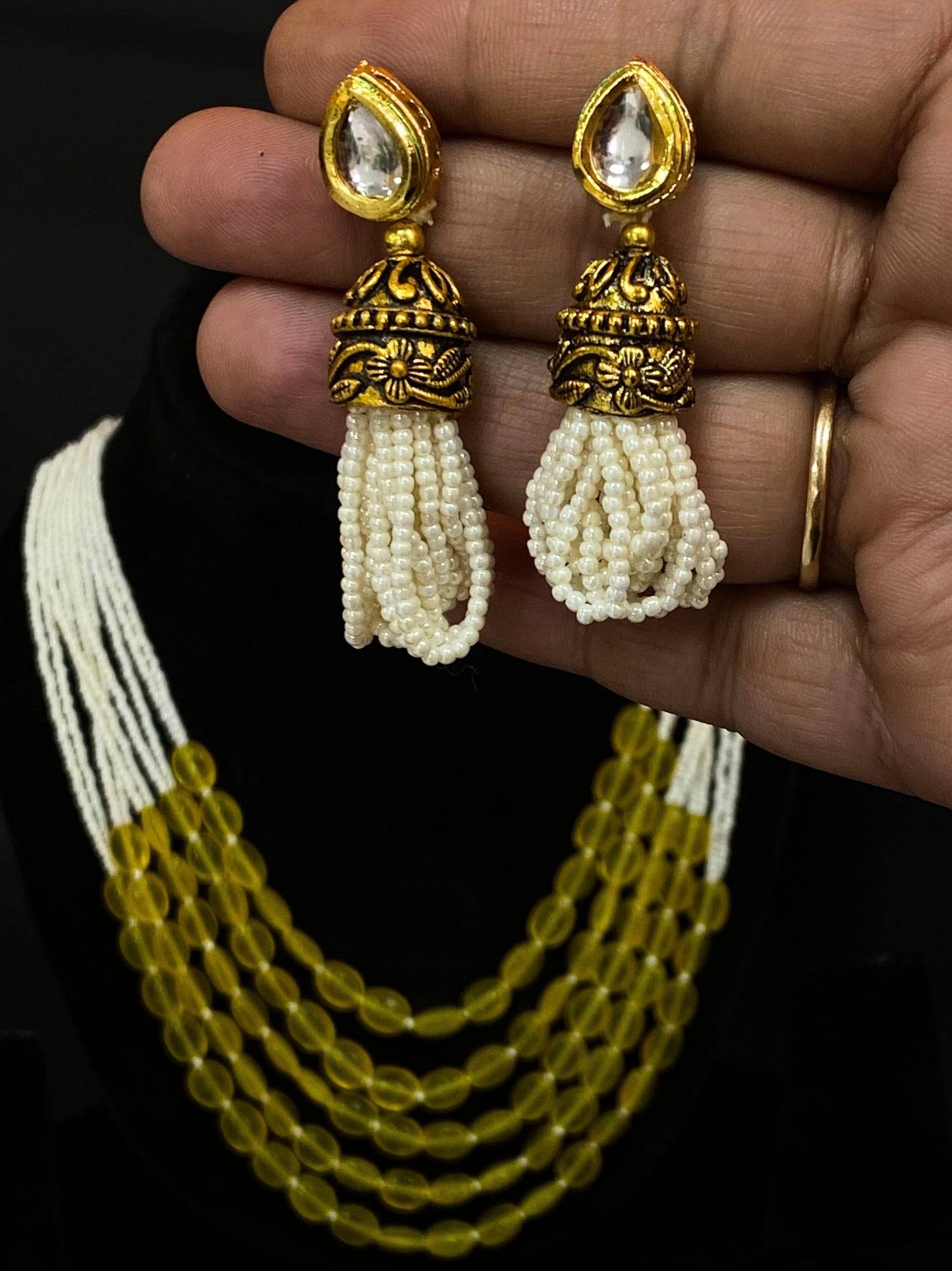 Yellow Beaded Multi Strand Long Necklace Set with White Seed Beads & Matching Earrings