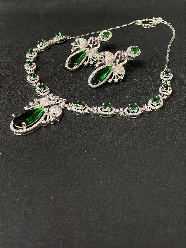 Premium Party Wear AD Necklace Set with Green Drop Pendant