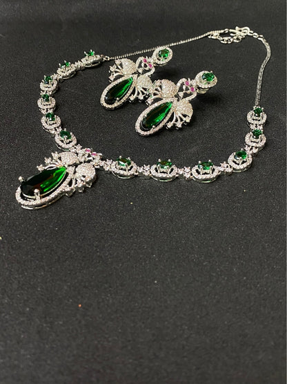 Premium Party Wear AD Necklace Set with Green Drop Pendant