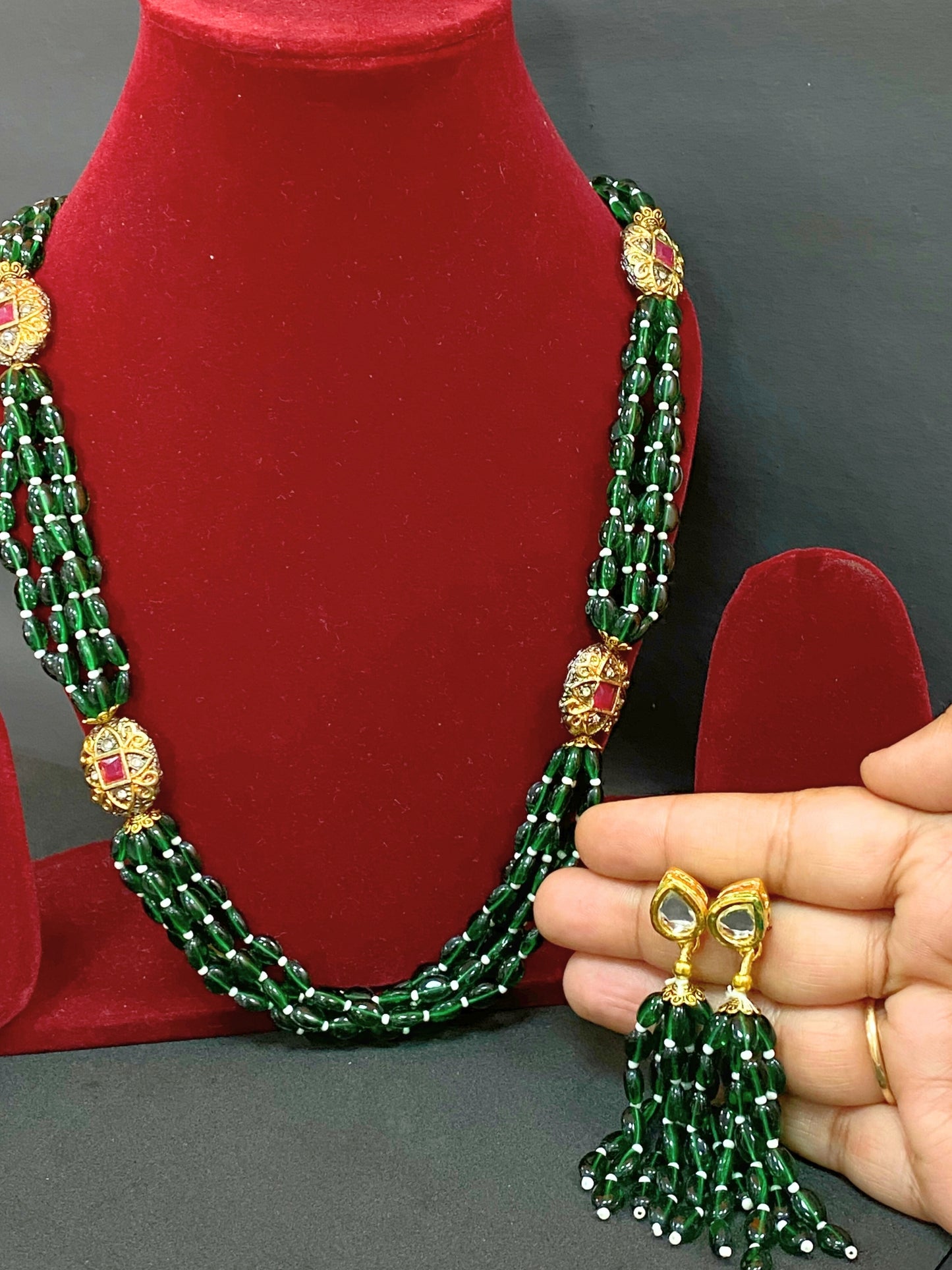 Green Beaded Multi Strand Long Necklace Set with Kundan Work & Matching Earrings