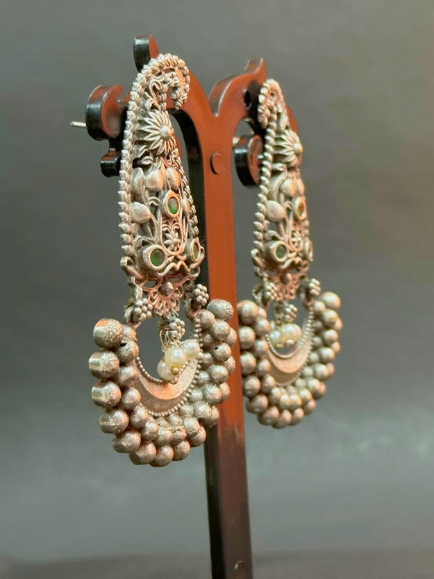 Oxidised Silver Jhumka Earrings with Silver Pearl & Green Stone Detailing