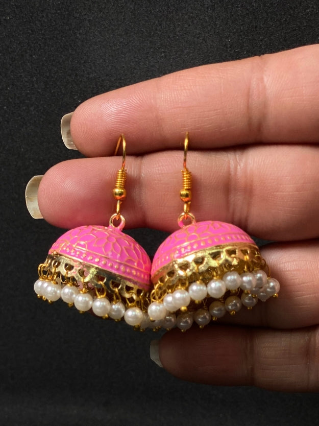 Meenakari Jhumka Earrings with Pearl Drops - Traditional Indian Ethnic Jewelry