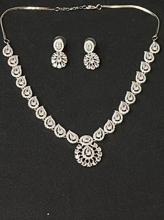Designer Silver-Plated American Diamond Necklace Set with Matching Earrings
