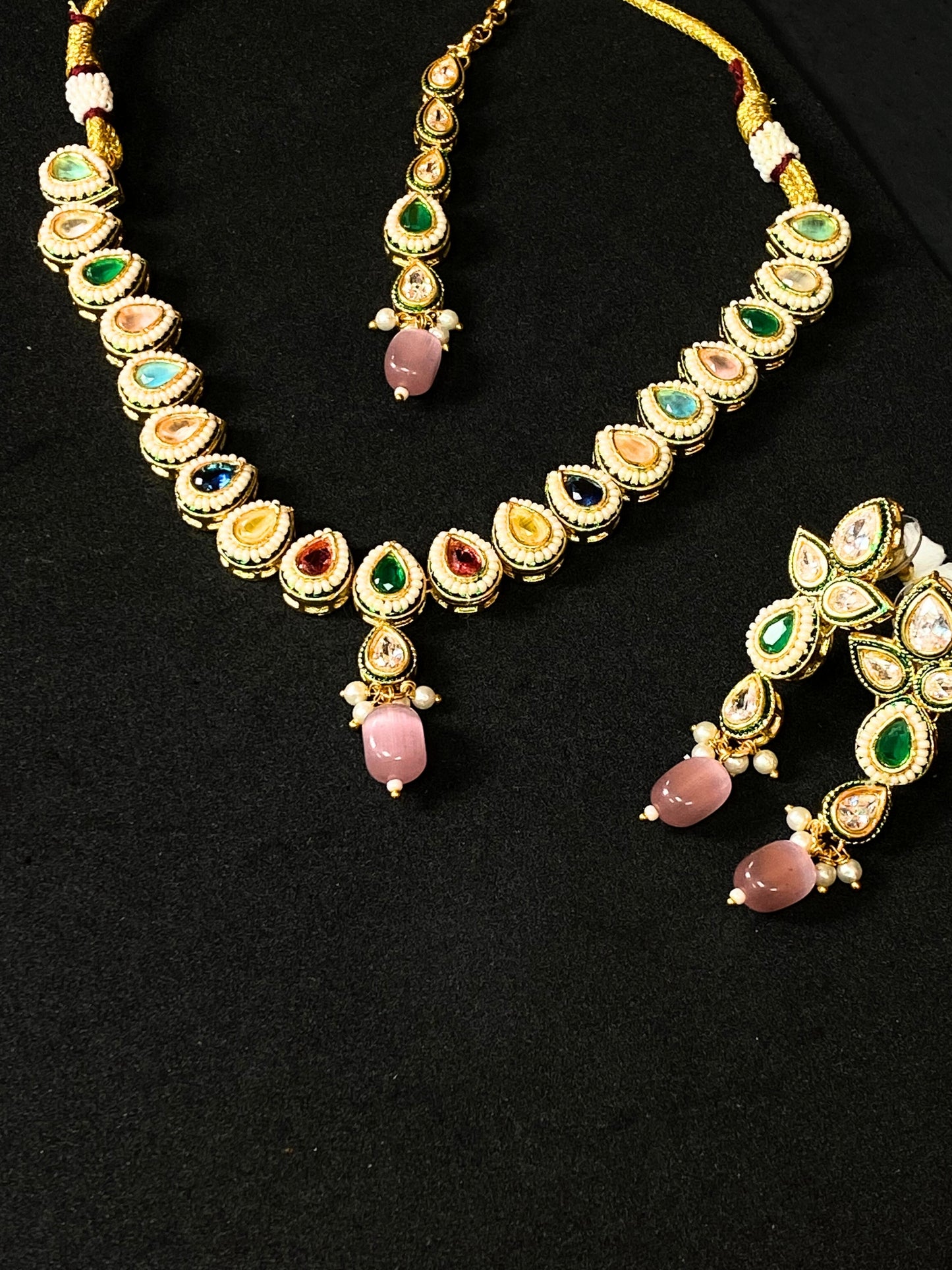 Multicolor Kundan Necklace Set with Pink Drop Pendant, Earrings & Maang Tikka