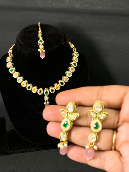 Multicolor Kundan Necklace Set with Pink Drop Pendant, Earrings & Maang Tikka