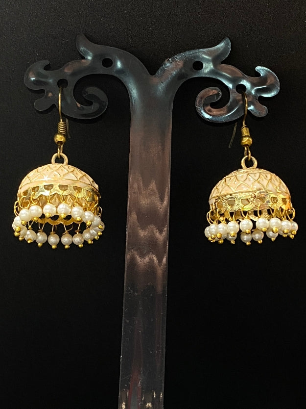 Meenakari Jhumka Earrings with Pearl Drops - Traditional Indian Ethnic Jewelry