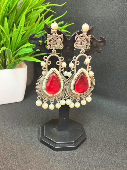Traditional Oxidised Silver Red Tear-Drop Stone Dangler Earrings with Pearl Hangings