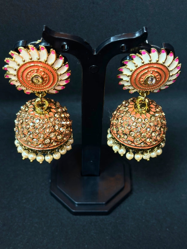 Orange & White Meenakari Jhumka Earrings with Pearl Drops