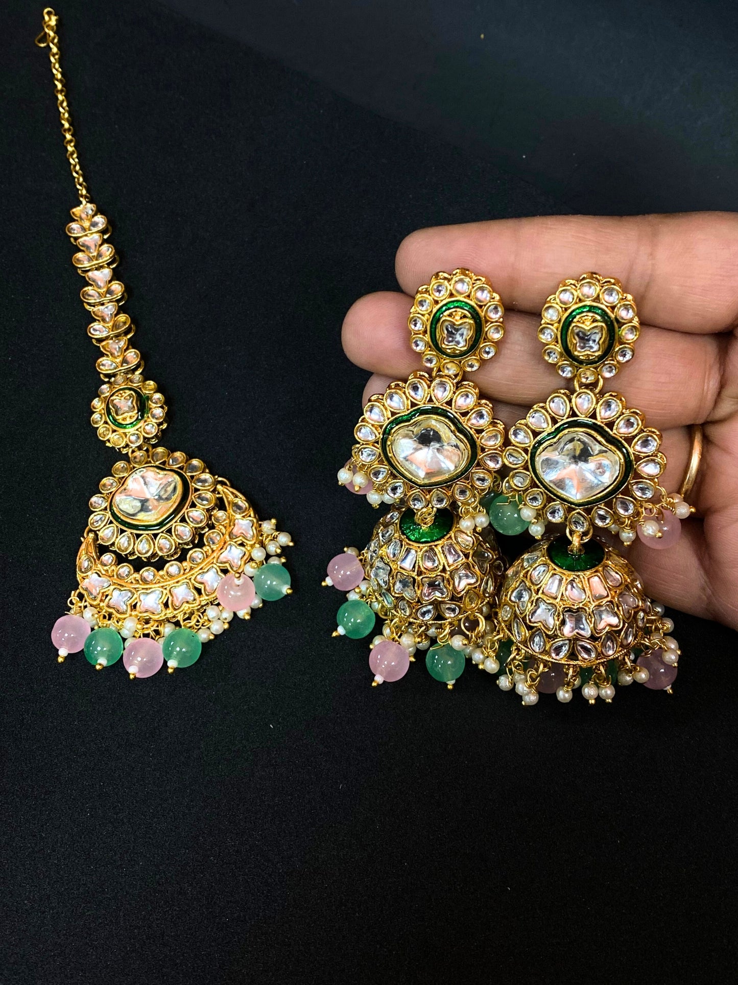 Kundan Maang Tikka & Jhumka Earrings Set with Green Pink Beads