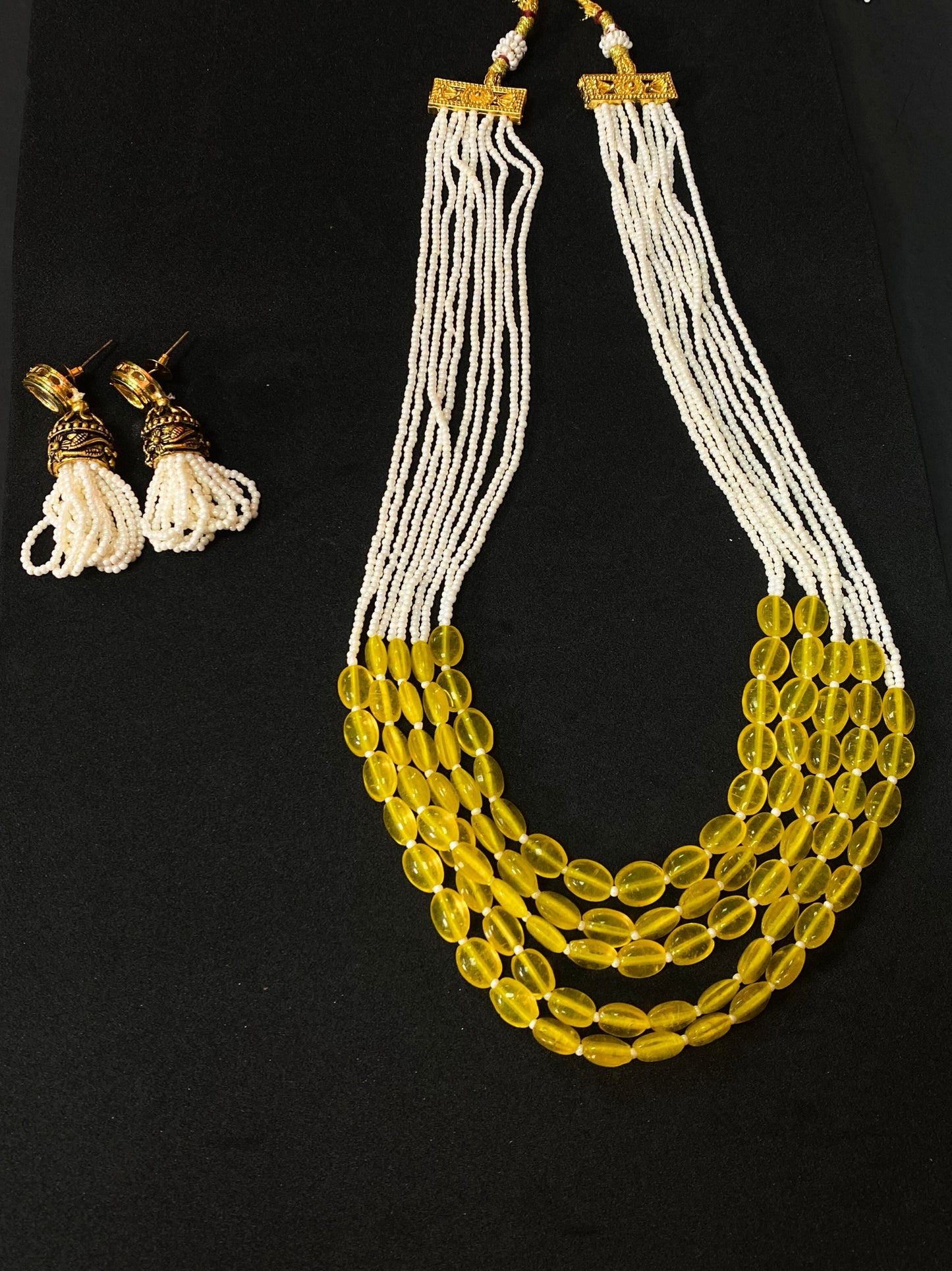 Yellow Beaded Multi Strand Long Necklace Set with White Seed Beads & Matching Earrings