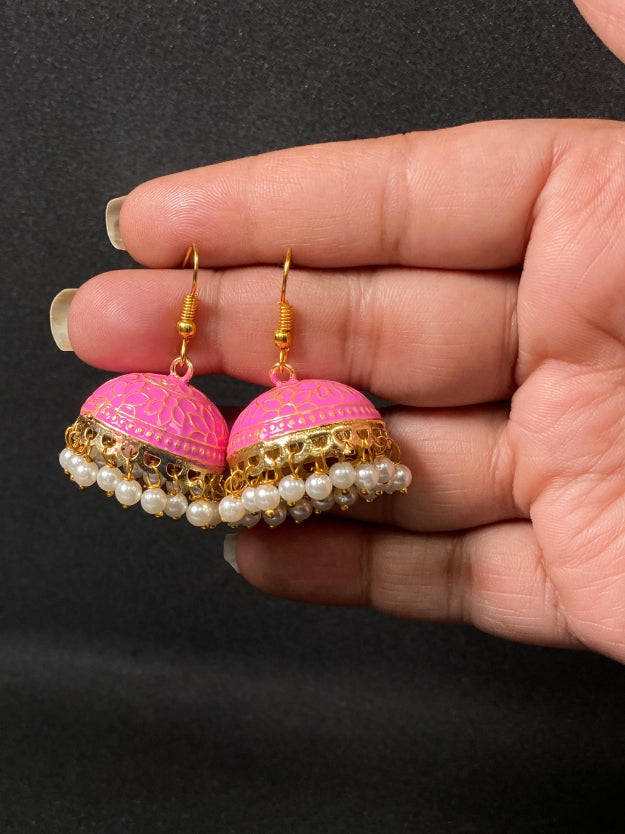 Meenakari Jhumka Earrings with Pearl Drops - Traditional Indian Ethnic Jewelry