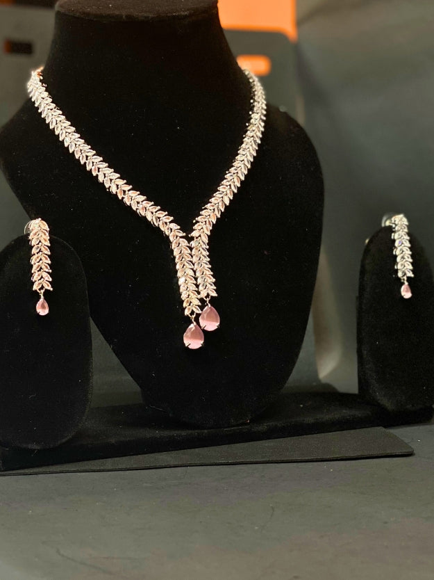Party Wear Silver Finish AD Jewellery Set with Pink Crystal Drops