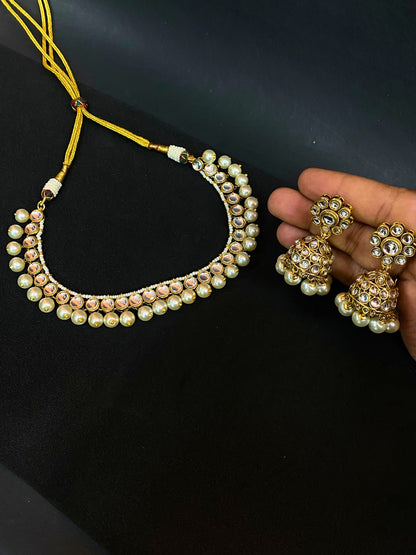 Gold Plated Kundan Pearl Choker Necklace Set with Maang Tikka & Jhumka Earrings