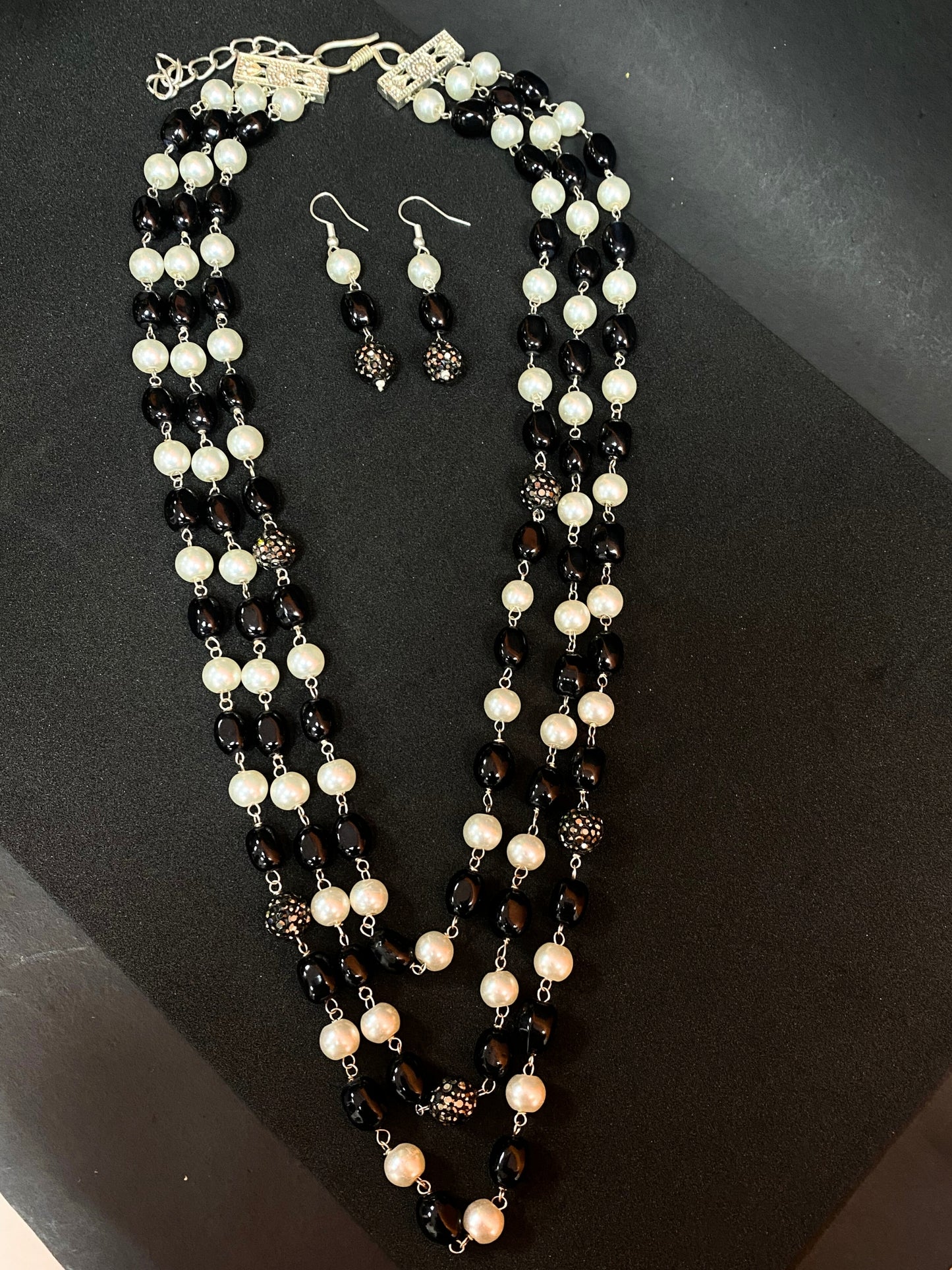 Black & Pearl Multi Layer Long Beaded Necklace Set with Matching Earrings
