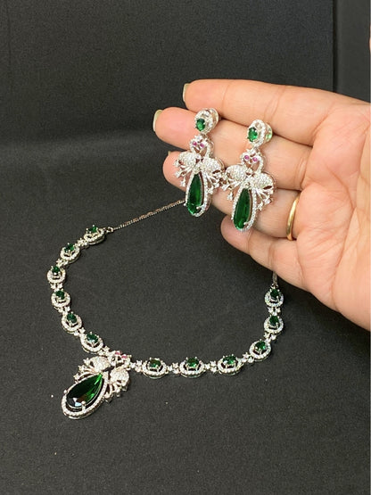 Premium Party Wear AD Necklace Set with Green Drop Pendant