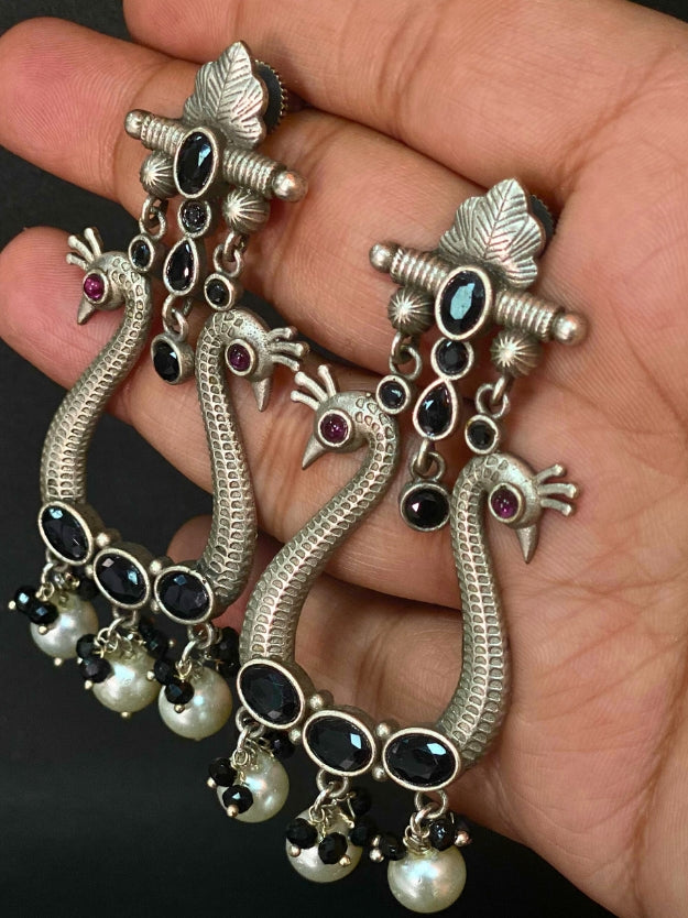 Trendy Oxidised Silver Peacock-Design Earrings with Black Stones & Pearl Beads