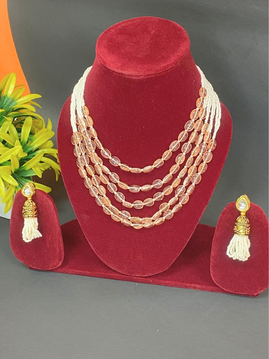 Multi-Layer Beaded Necklace with Pearl Tassel Earrings
