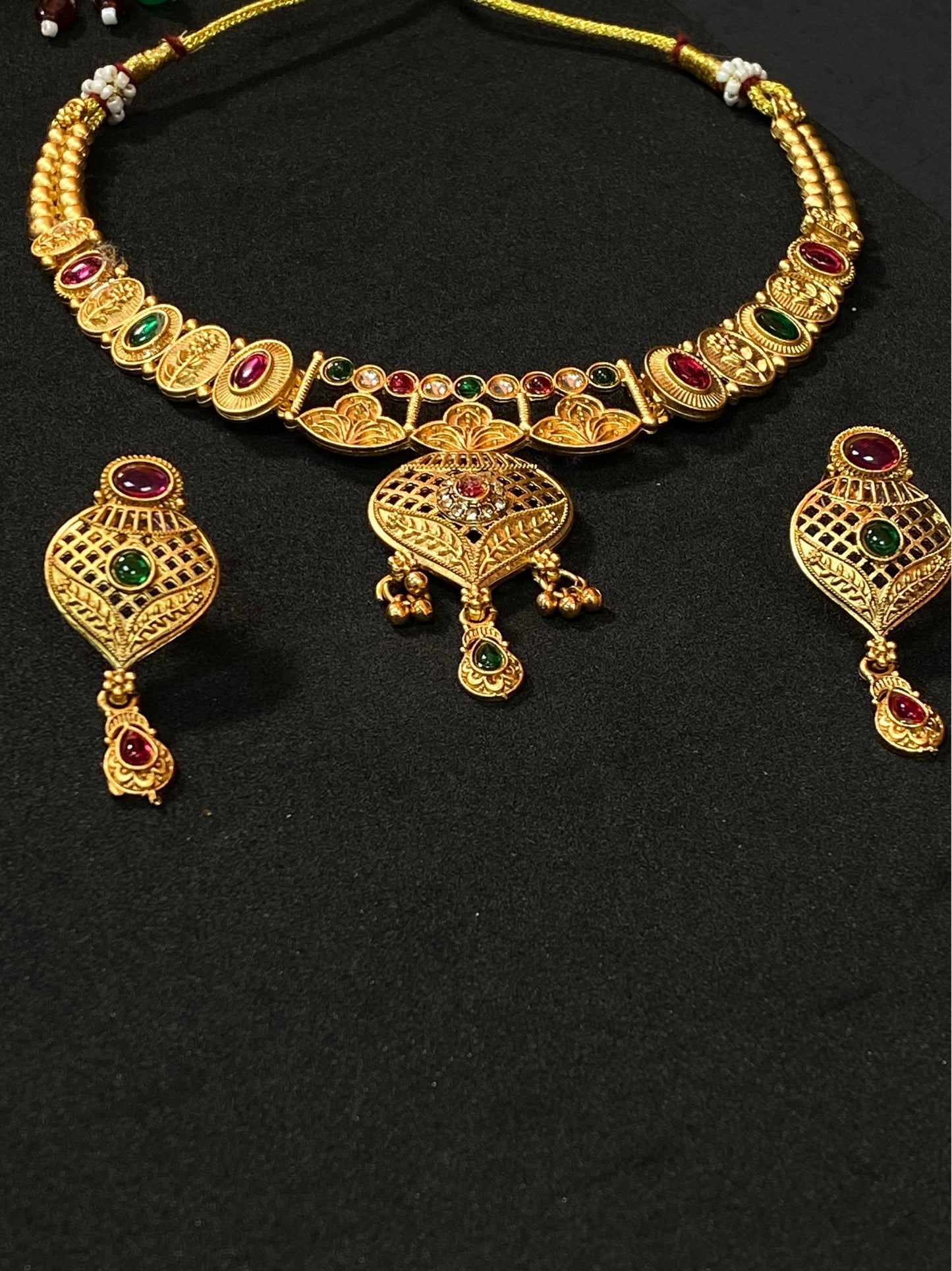 Traditional Necklace Set with Green & Red Stone Pendant and Matching Earrings