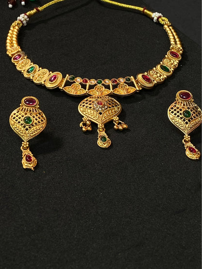 Traditional Necklace Set with Green & Red Stone Pendant and Matching Earrings