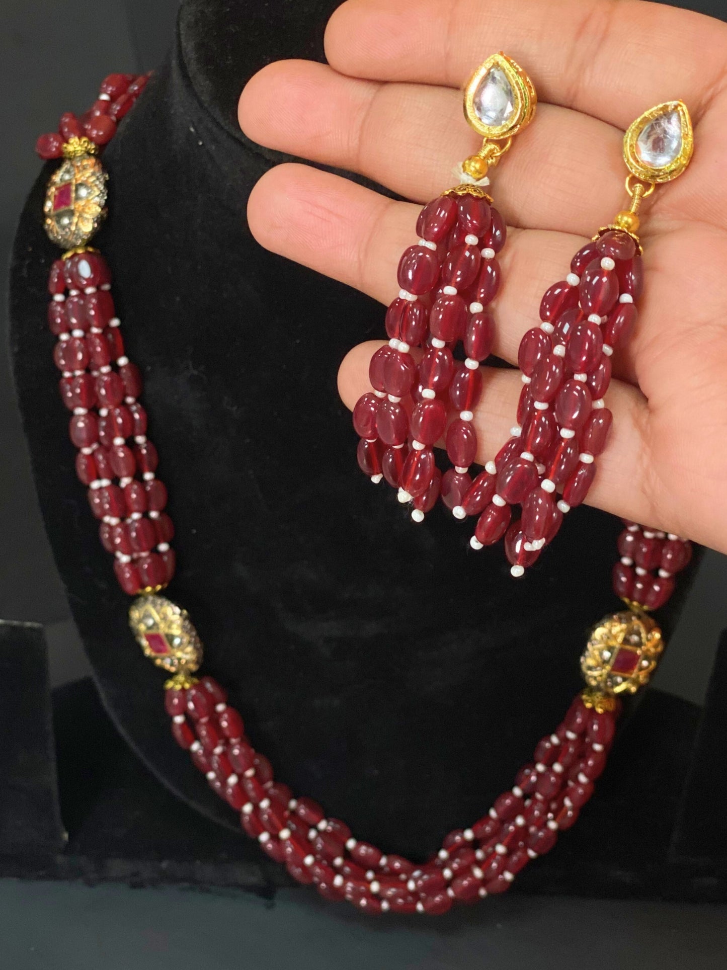 Maroon Beaded Multi Strand Long Necklace Set with Kundan Work & Matching Earrings