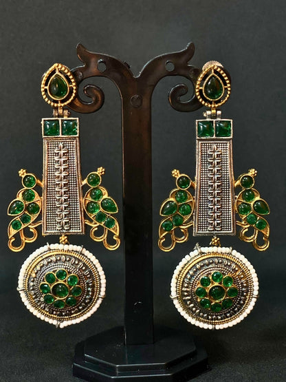 Oxidized Dual Tone Jhoomar Earrings with Green Kundan Stones