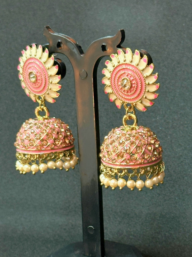 Designer Pink & White Meenakari Jhumka Earrings with Pearl Drops
