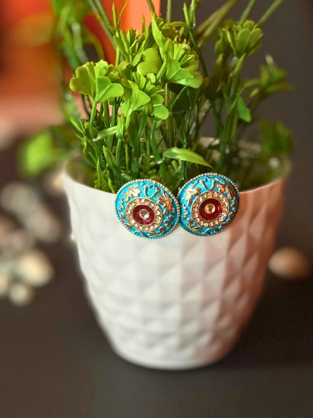 Meenakari Round Stud Earrings with Imitation Stone